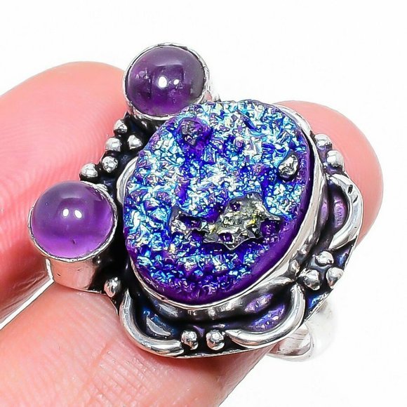 Hand Crafted Jewelry - Gorgeous Titanium Druzy Amethyst 925 Ring